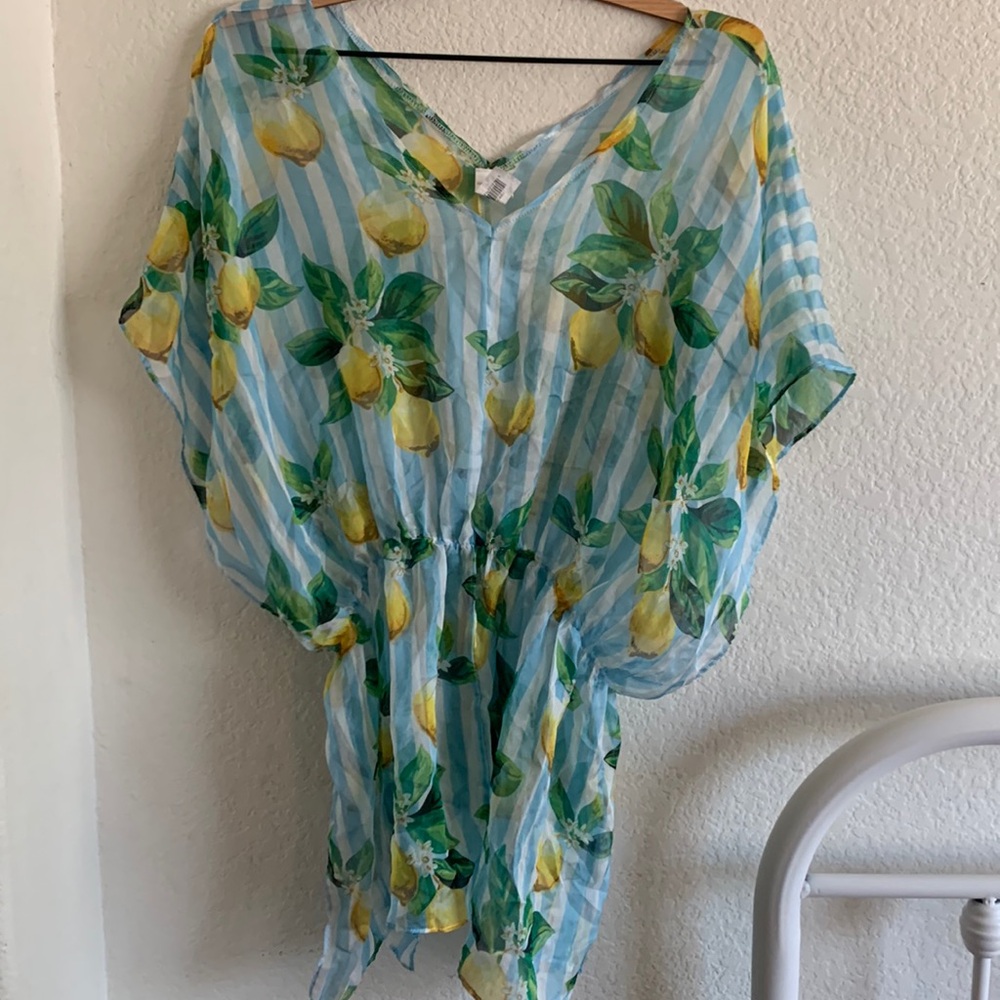 Women’s Lemon Print Blue Stripe Swim Coverup